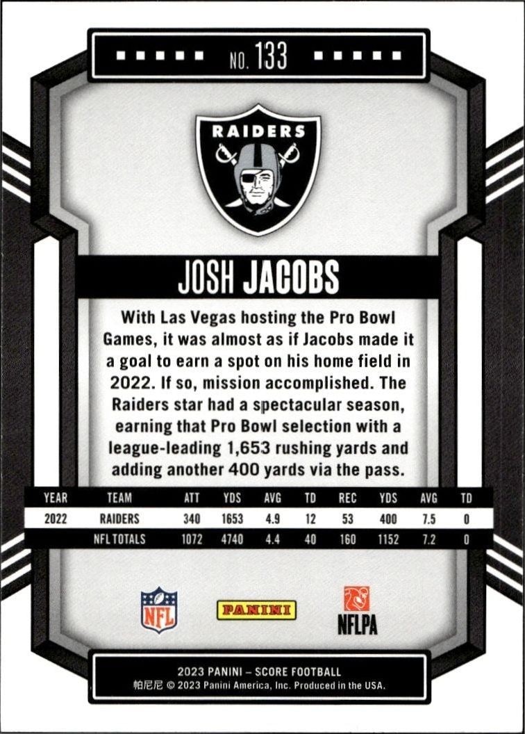 2023 Panini Score Josh Jacobs #133 football trading card back