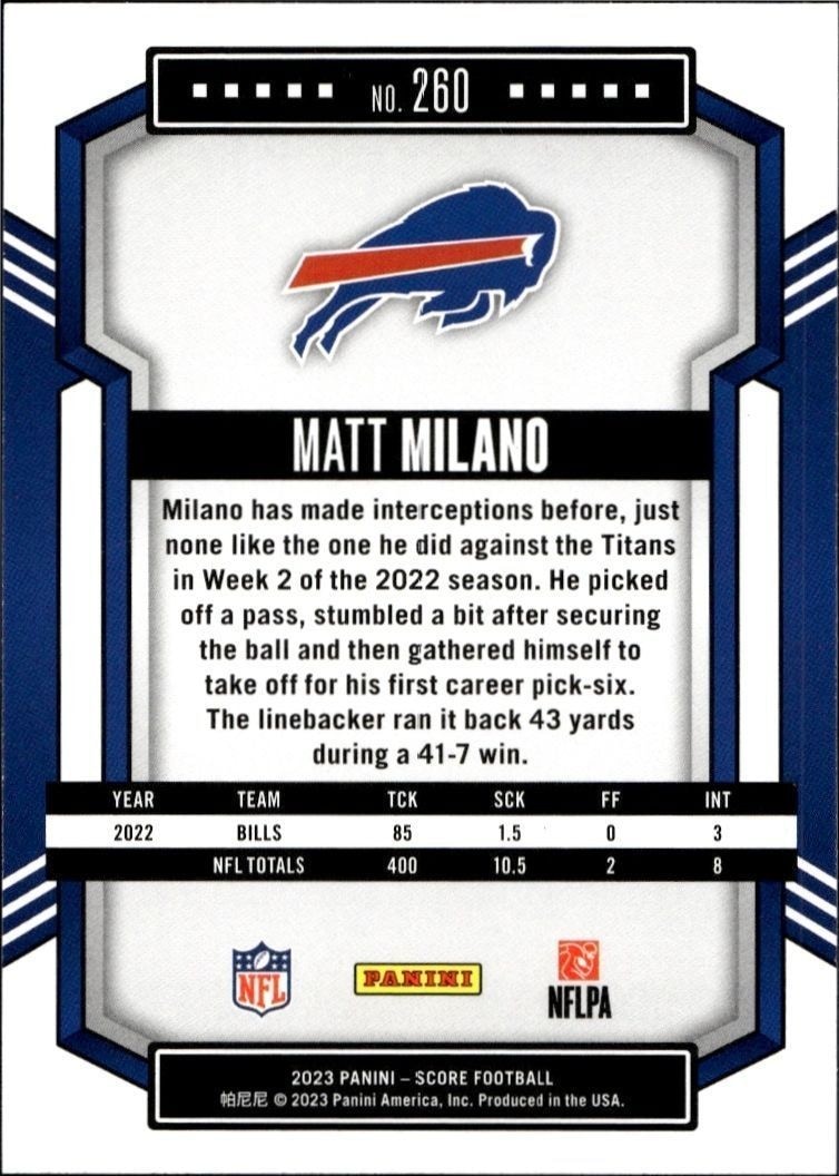 2023 Panini Score Matt Milano #260 football trading card back
