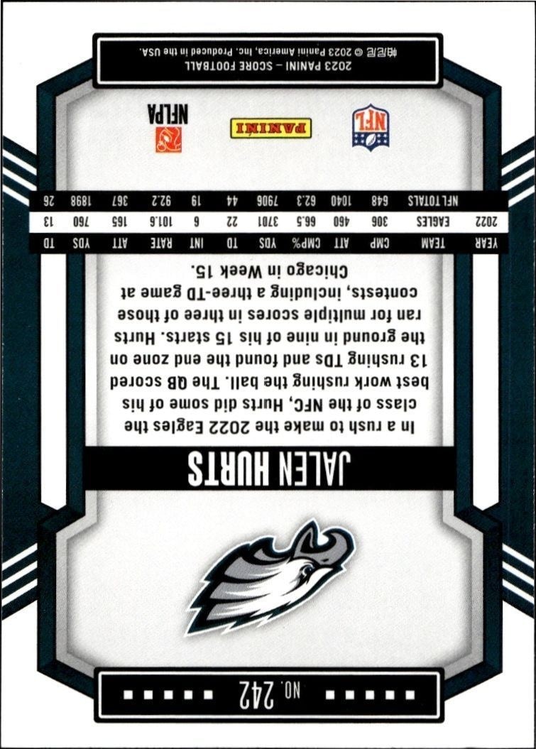2023 Panini Score Jalen Hurts #242 football trading card back