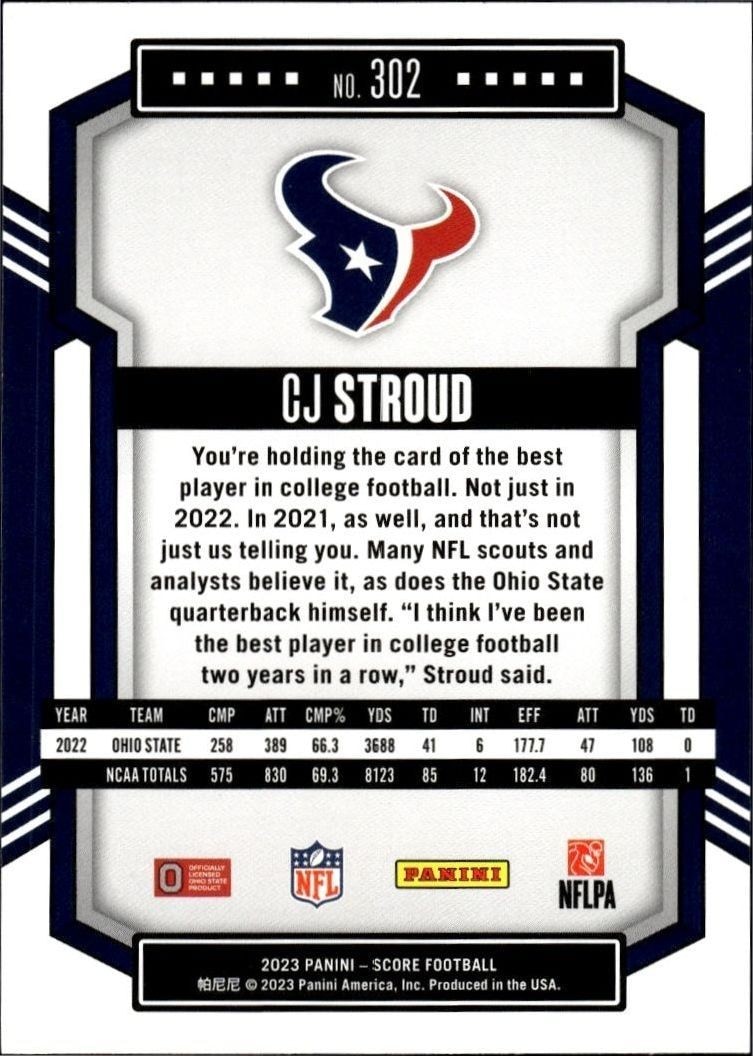 2023 Panini Score C.J. Stroud #302 football trading card back