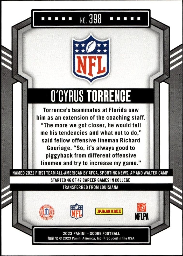 2023 Panini Score O'Cyrus Torrence #398 football trading card back