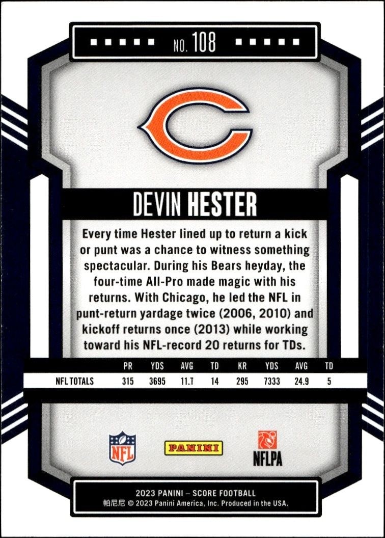 2023 Panini Score Devin Hester #108 football trading card back