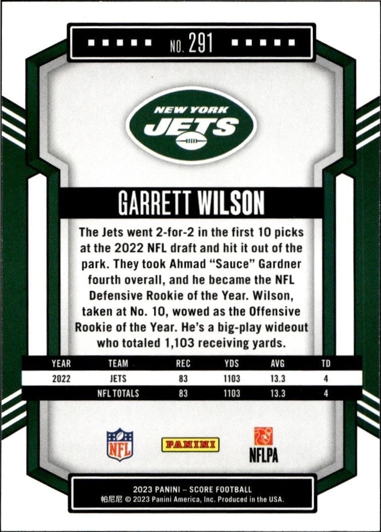 2023 Panini Score Garrett Wilson #291 football trading card back