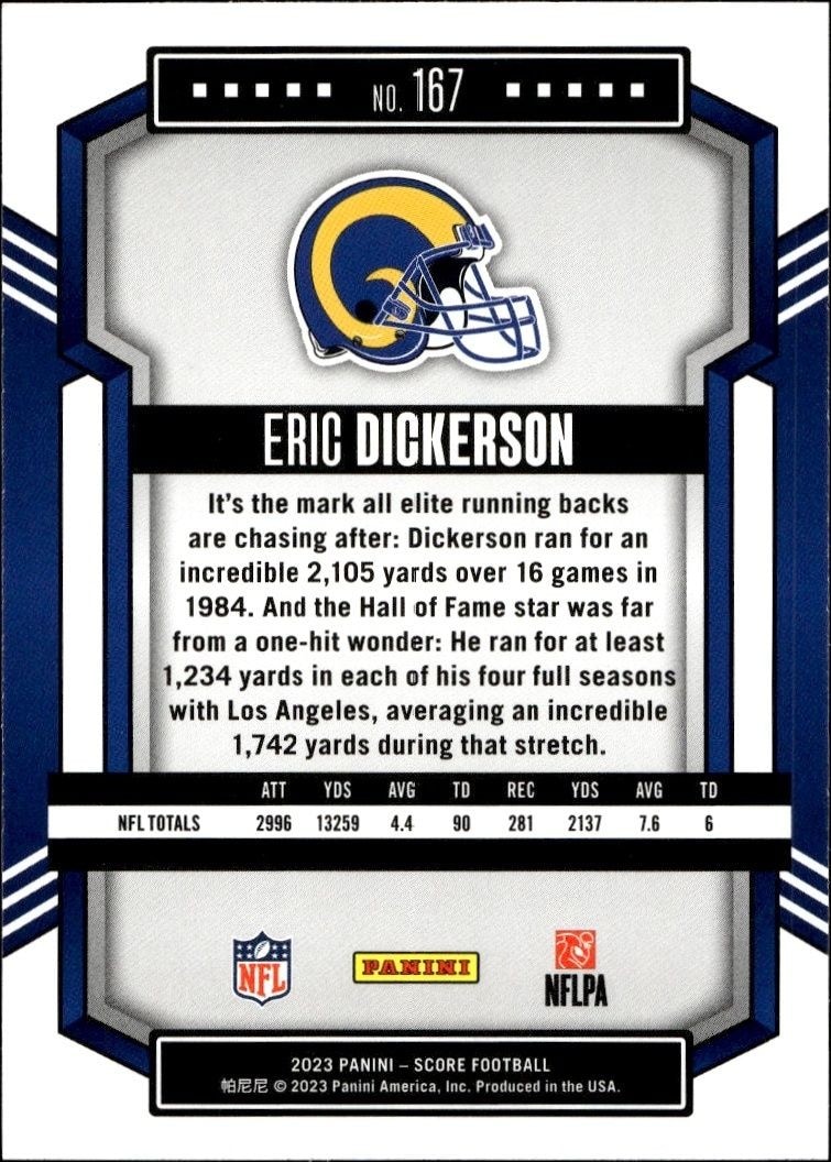 2023 Panini Score Eric Dickerson #167 football trading card back