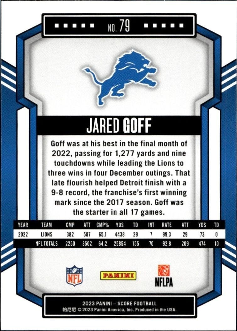 2023 Panini Score Jared Goff #79 football trading card back
