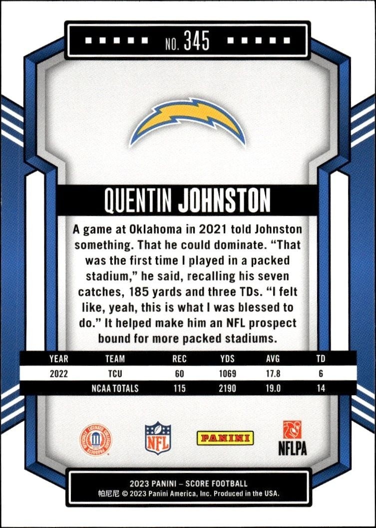 2023 Panini Score Quentin Johnston #345 football trading card back