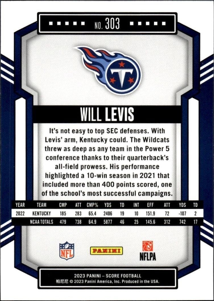 2023 Panini Score Will Levis #303 football trading card back