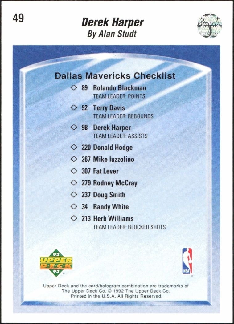 1992-93 Upper Deck Derek Harper #49B basketball trading card back