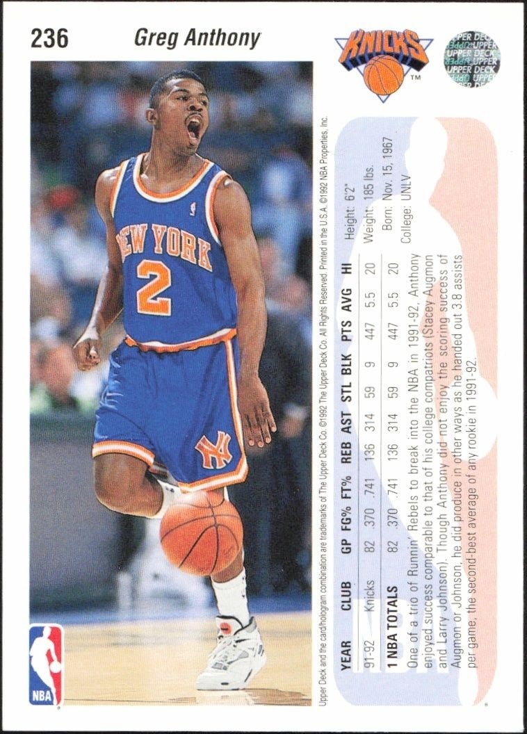 1992-93 Upper Deck Greg Anthony #236 basketball trading card back