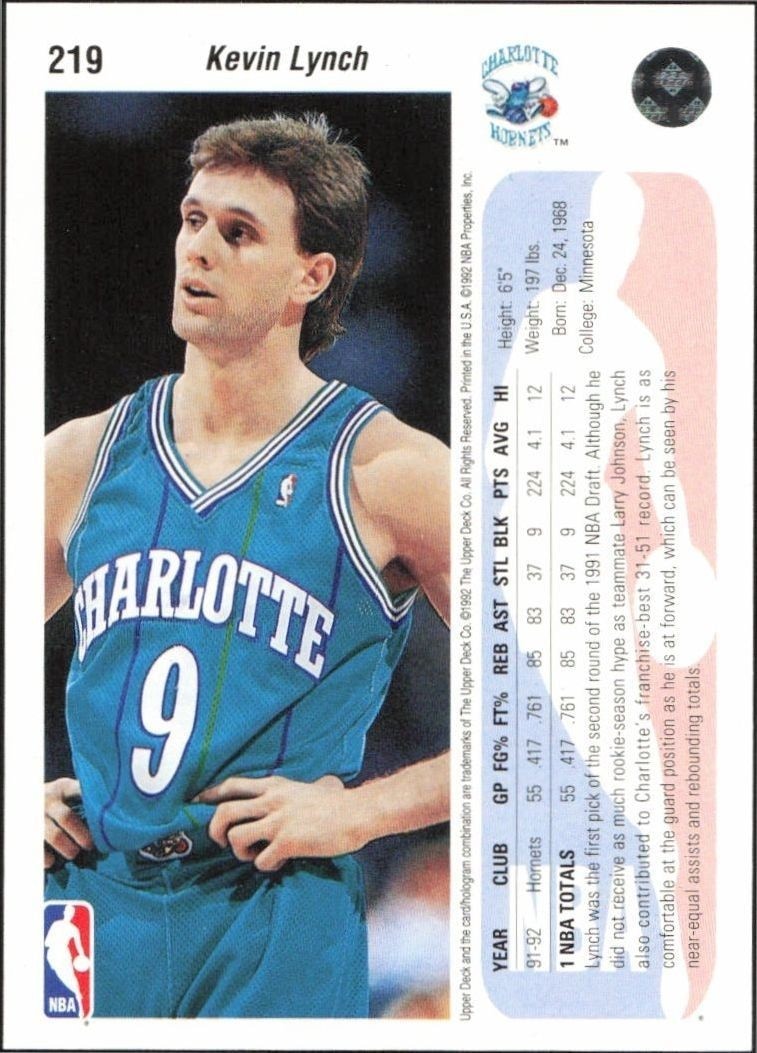 1992-93 Upper Deck Kevin Lynch #219B basketball trading card back