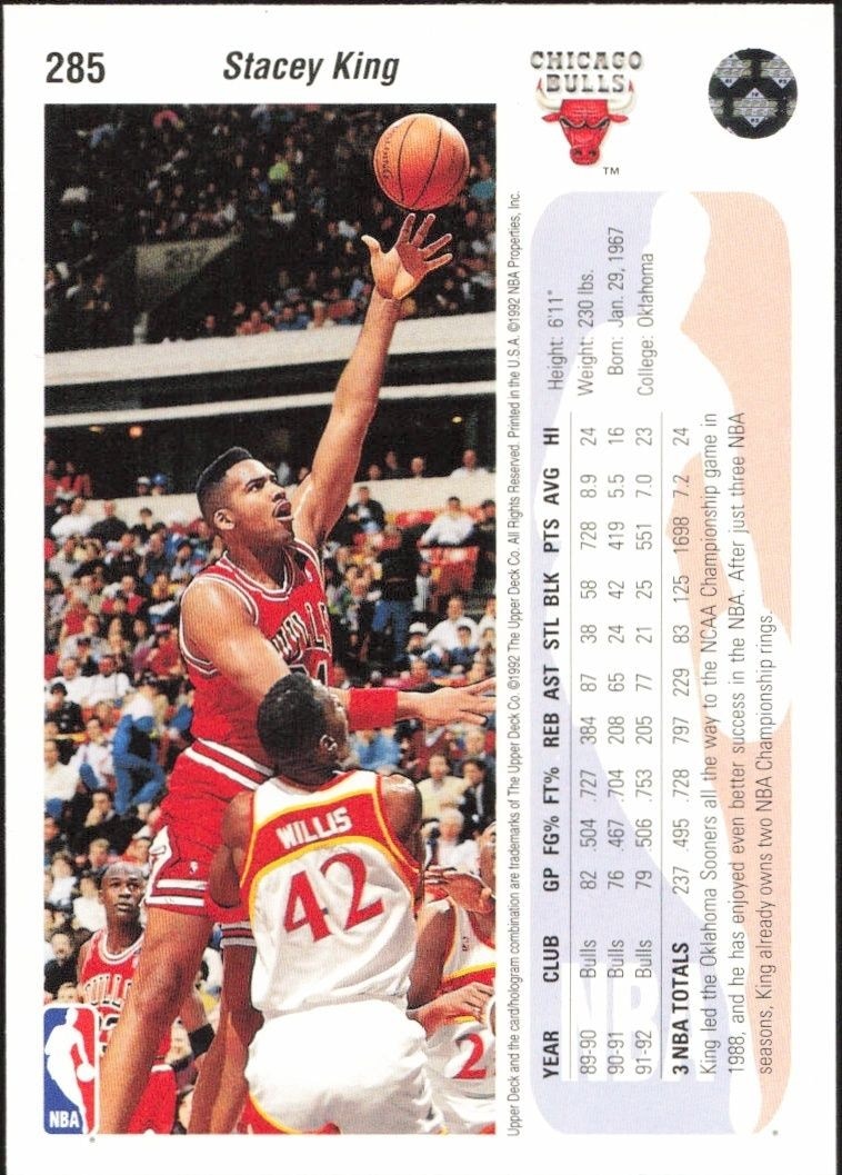 1992-93 Upper Deck Stacey King #285 basketball trading card back