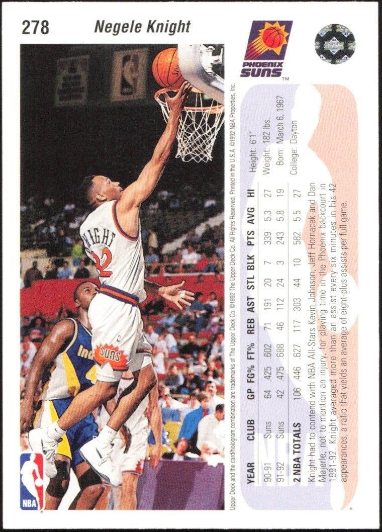 1992-93 Upper Deck Negele Knight #278 basketball trading card back