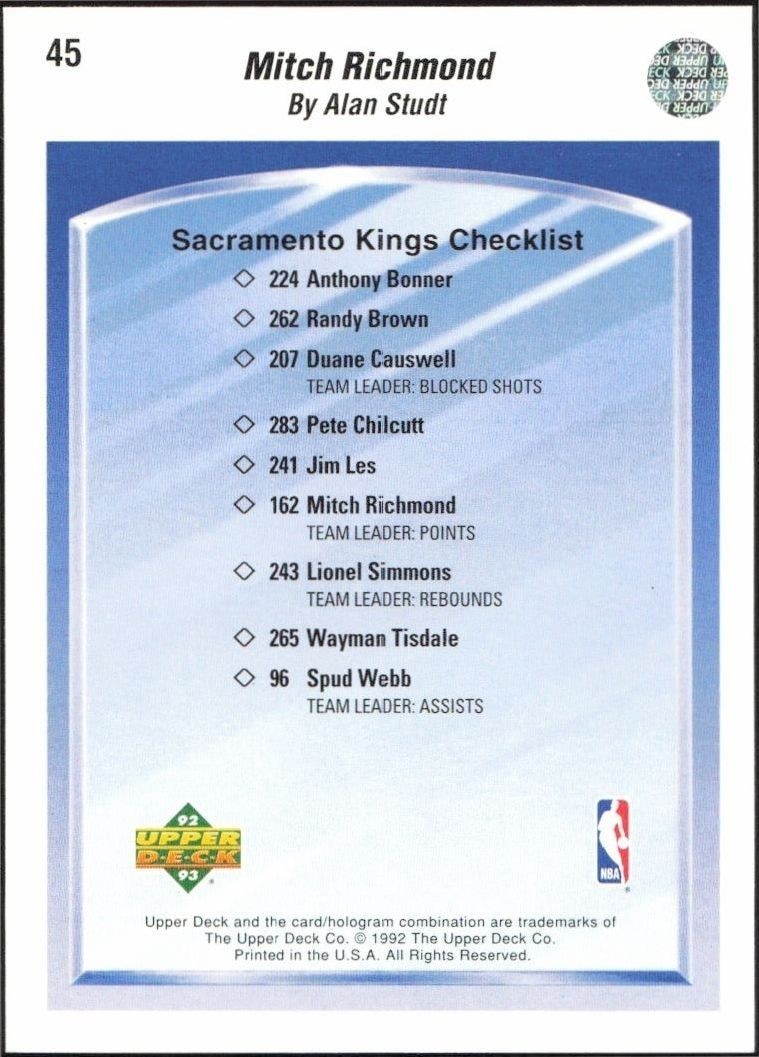 1992-93 Upper Deck Mitch Richmond #45 basketball trading card back