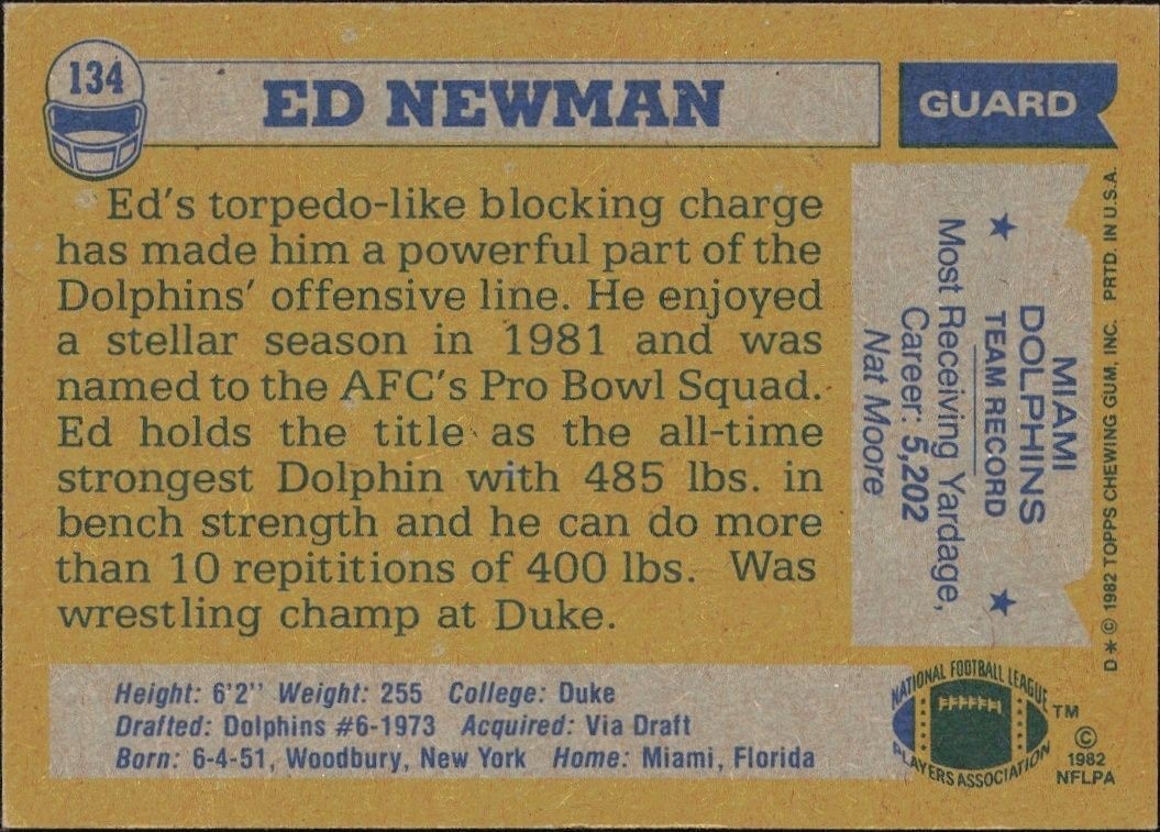 1982 Topps Ed Newman #134 football trading card back