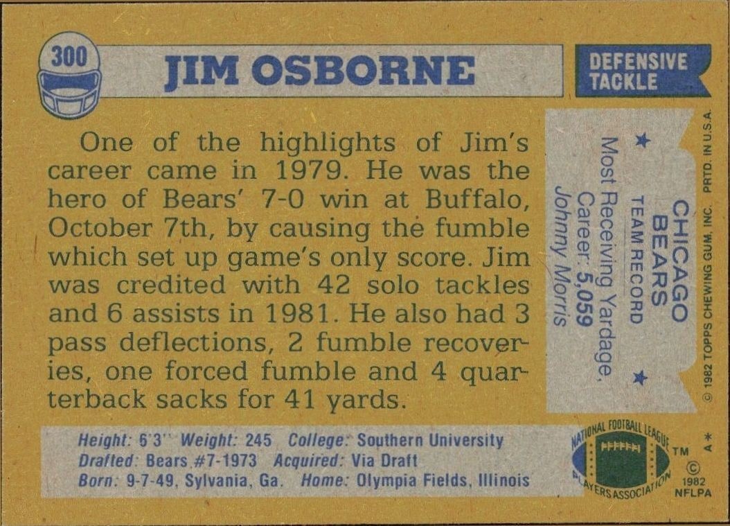 1982 Topps Jim Osborne #300 football trading card back