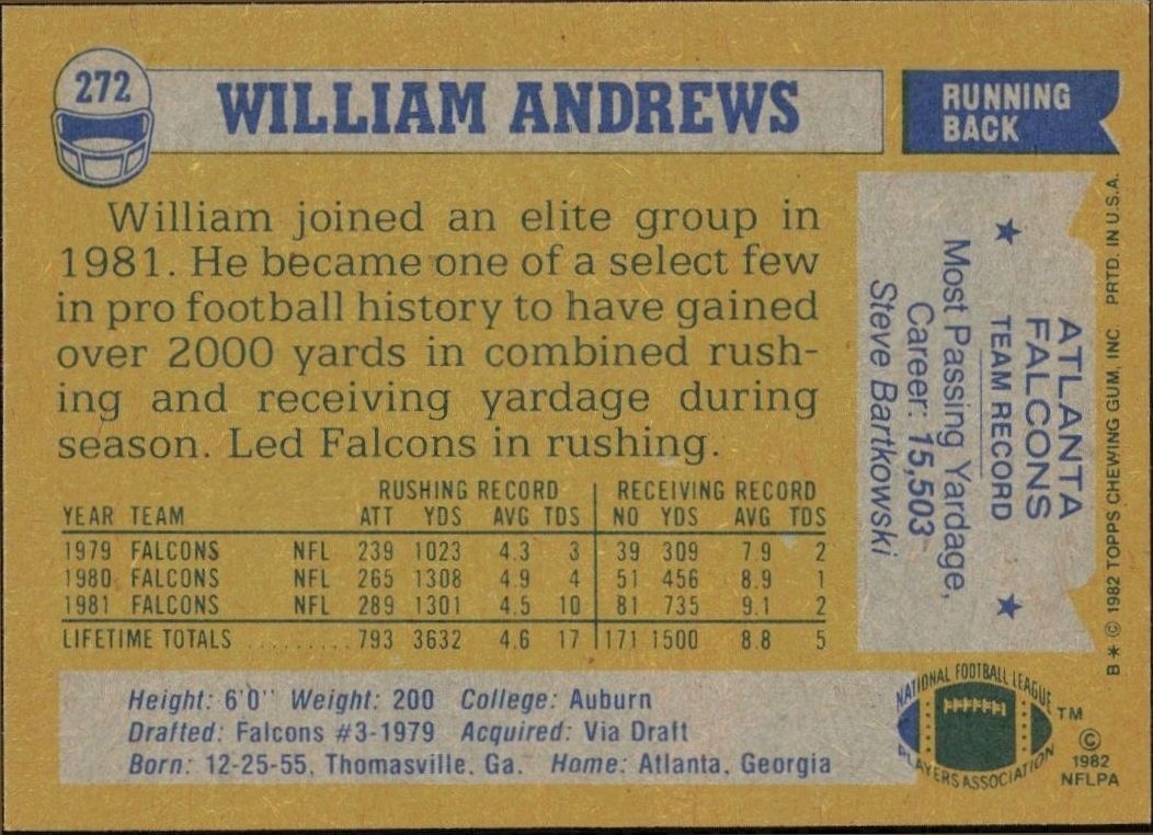 1982 Topps William Andrews #272 football trading card back