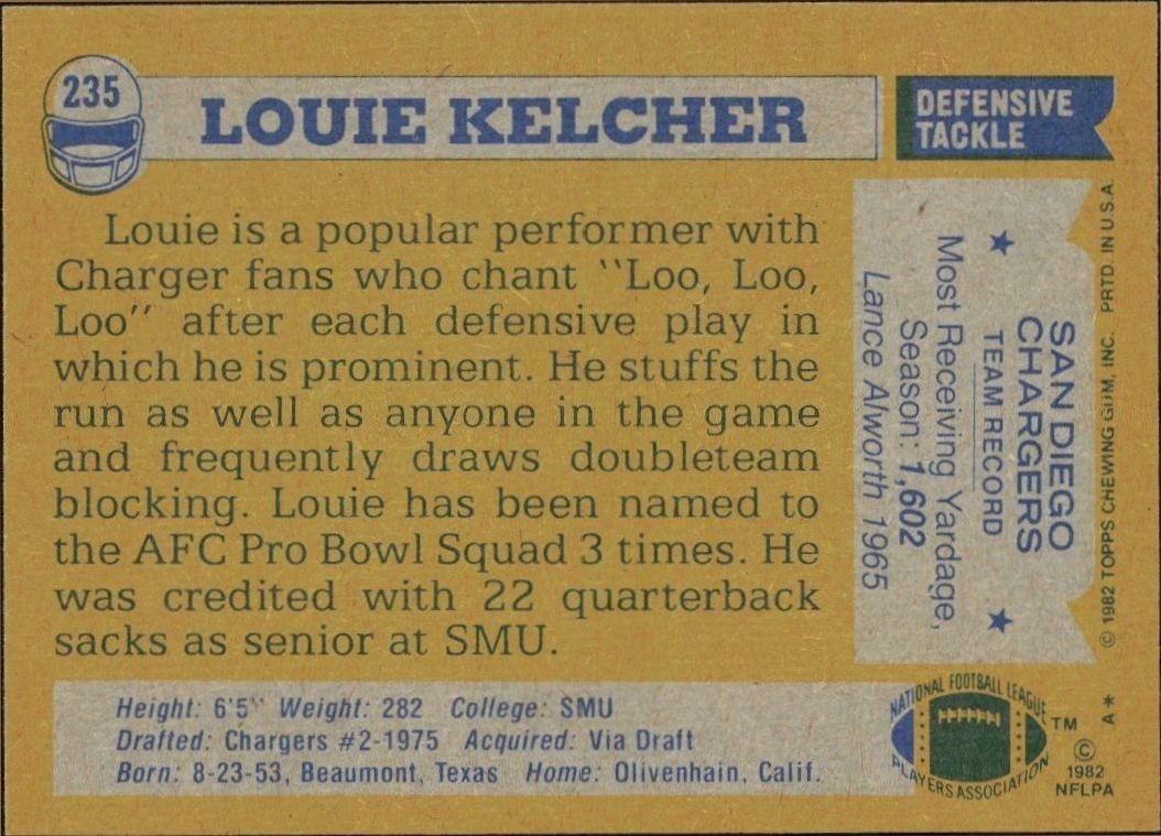 1982 Topps Louie Kelcher #235 football trading card back