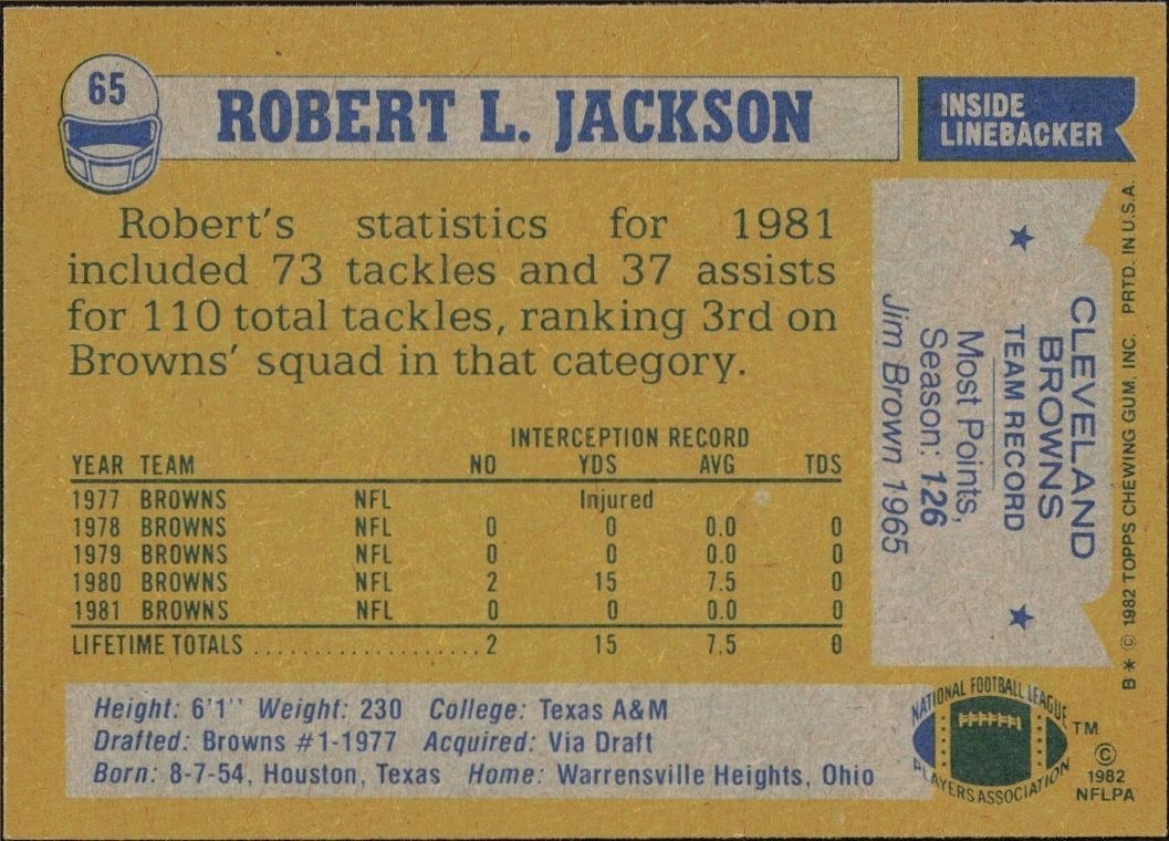 1982 Topps Robert L. Jackson #65 football trading card back