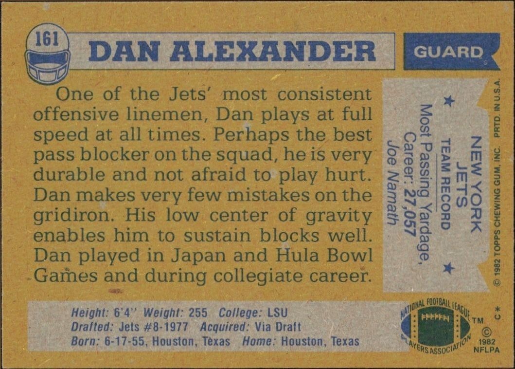 1982 Topps Dan Alexander #161 football trading card back