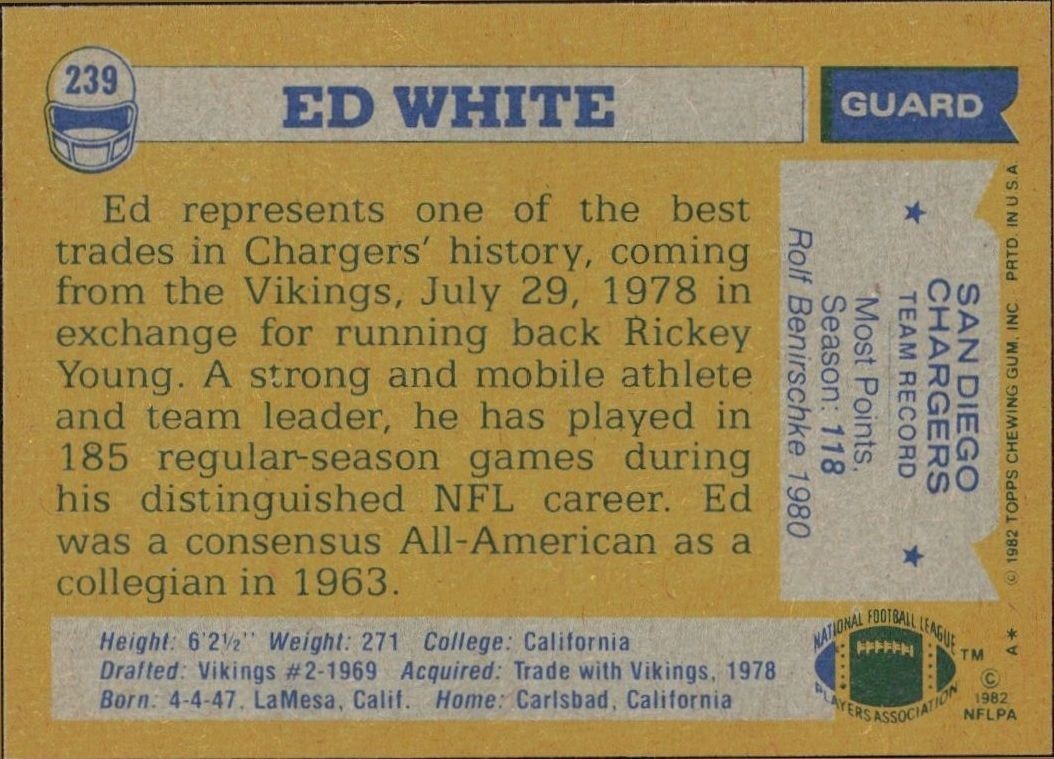 1982 Topps Ed White #239 football trading card back