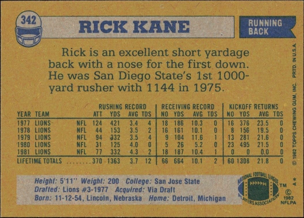 1982 Topps Rick Kane #342 football trading card back