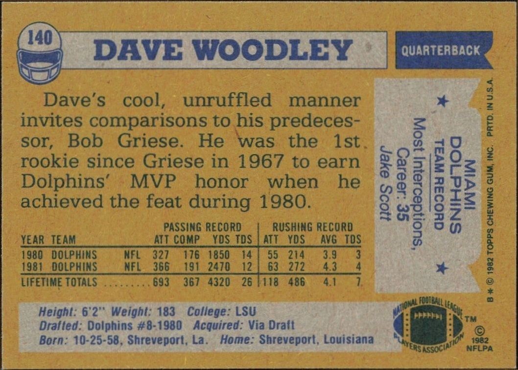 1982 Topps David Woodley #140 football trading card back