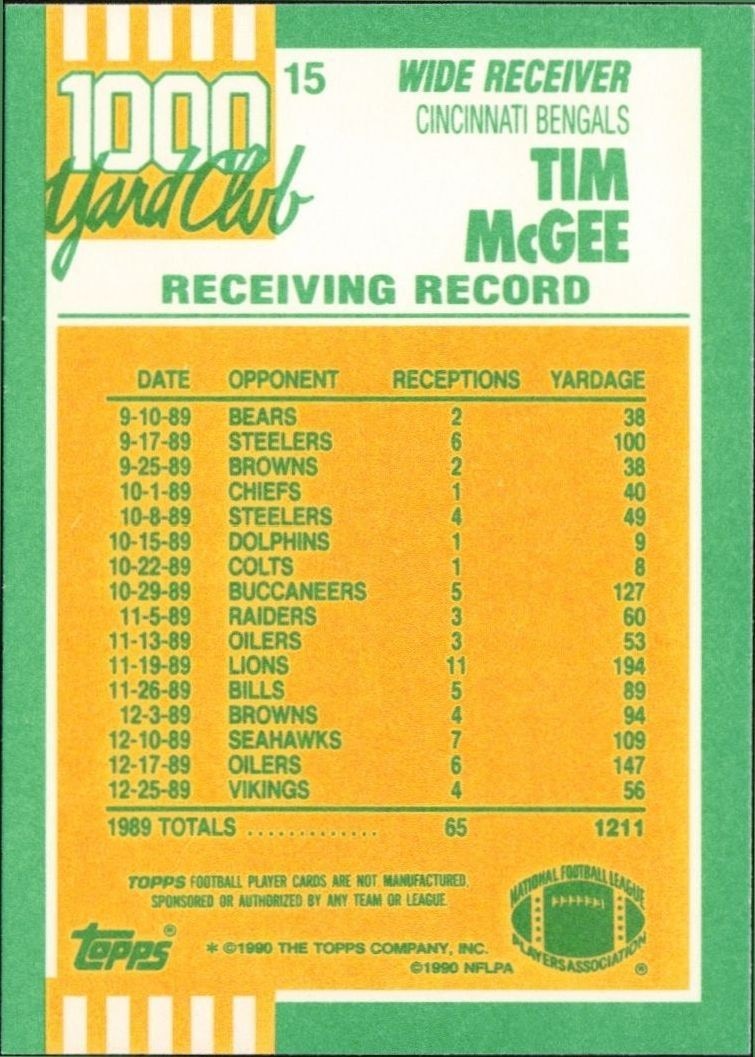 1990 Topps Tim McGee #15 football trading card back
