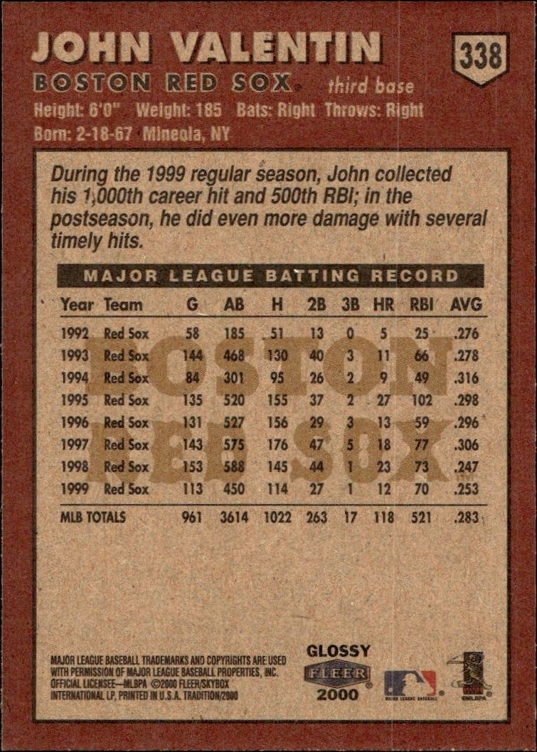 2000 Fleer Tradition Glossy John Valentin #338 baseball trading card back