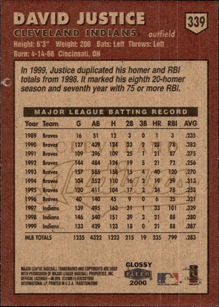2000 Fleer Tradition Glossy David Justice #339 baseball trading card back