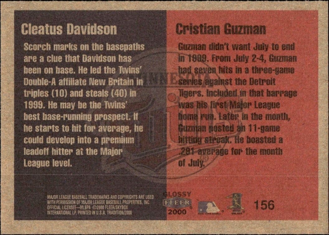2000 Fleer Tradition Glossy Cleatus Davidson #156 baseball trading card back
