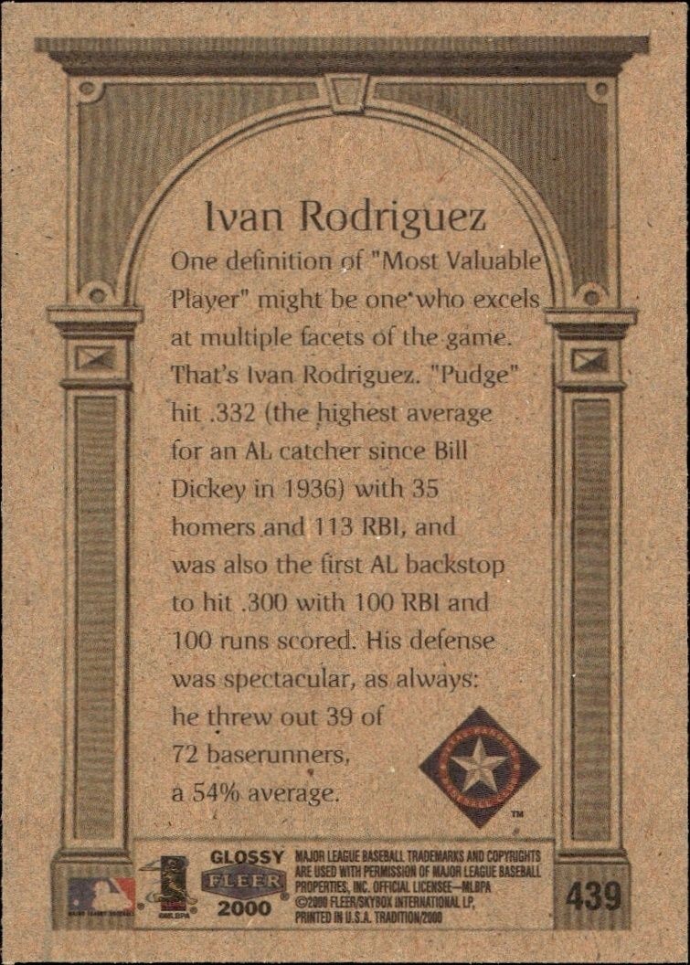 2000 Fleer Tradition Glossy Ivan Rodriguez #439 baseball trading card back
