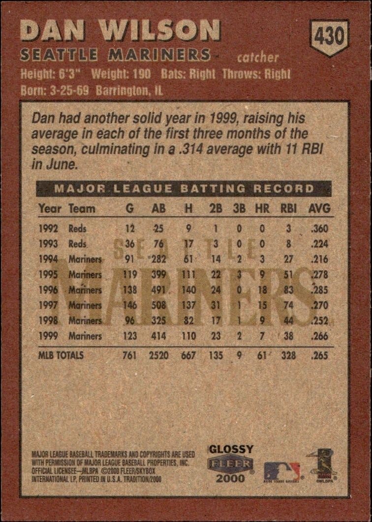 2000 Fleer Tradition Glossy Dan Wilson #430 baseball trading card back