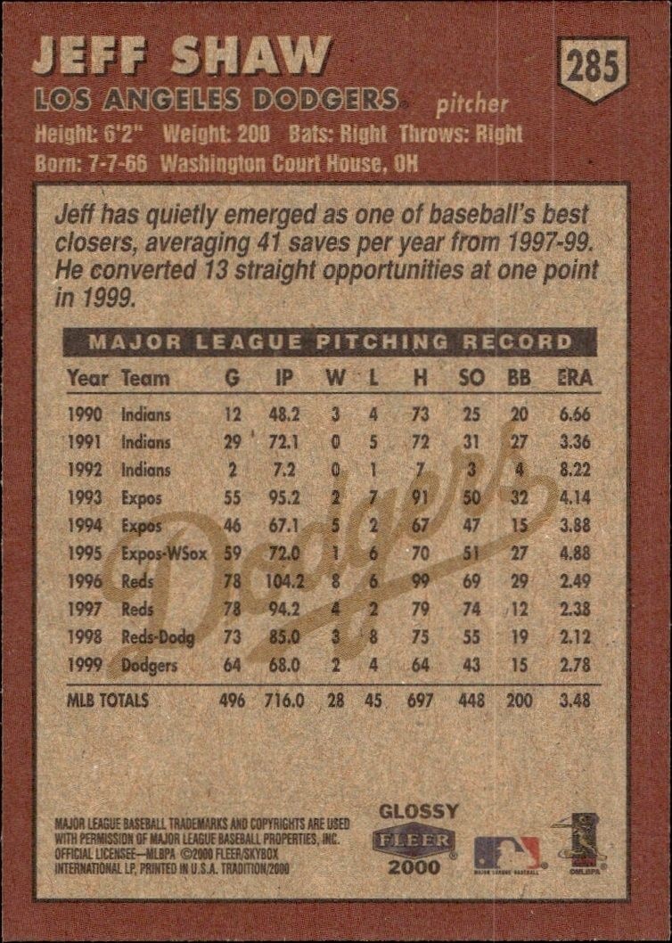 2000 Fleer Tradition Glossy Jeff Shaw #285 baseball trading card back
