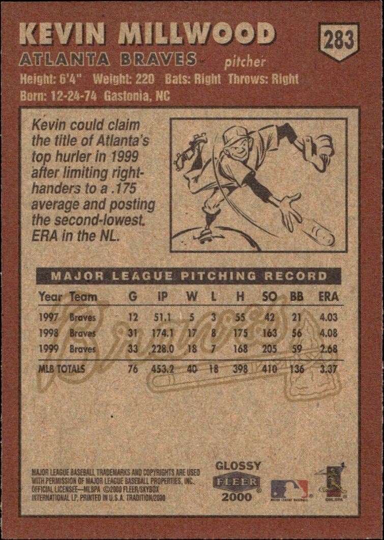 2000 Fleer Tradition Glossy Kevin Millwood #283 baseball trading card back