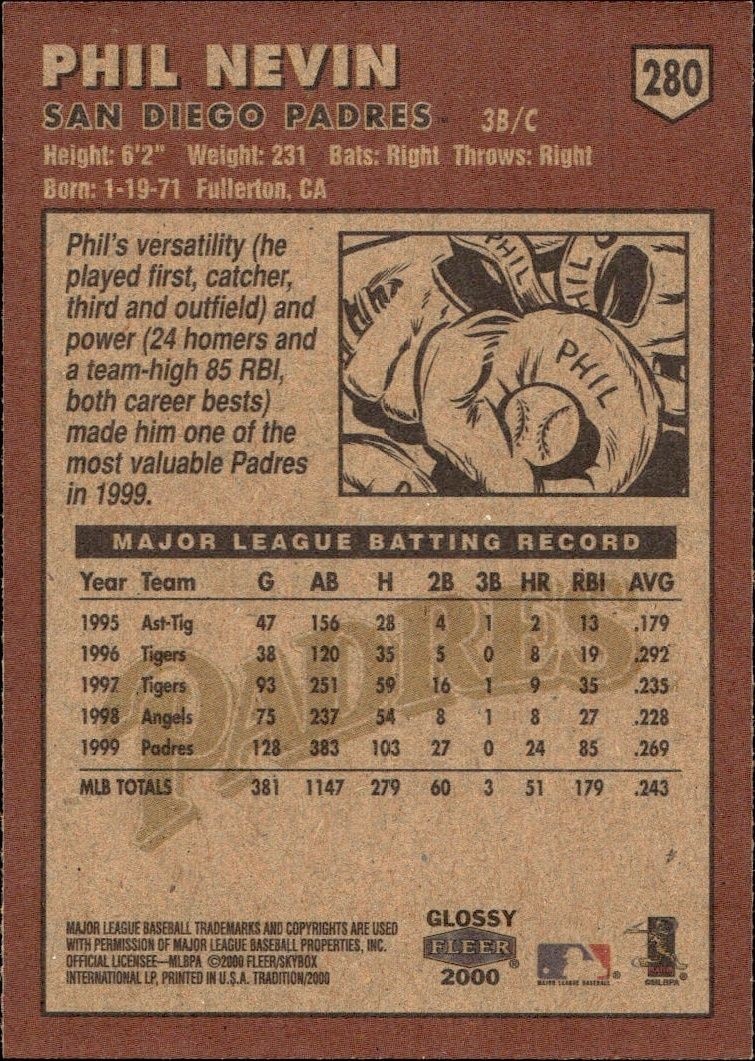 2000 Fleer Tradition Glossy Phil Nevin #280 baseball trading card back