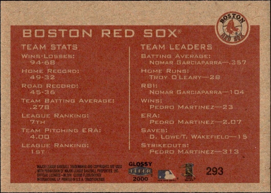 2000 Fleer Tradition Glossy Boston Red Sox #293 baseball trading card back