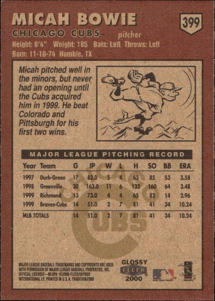 2000 Fleer Tradition Glossy Micah Bowie #399 baseball trading card back