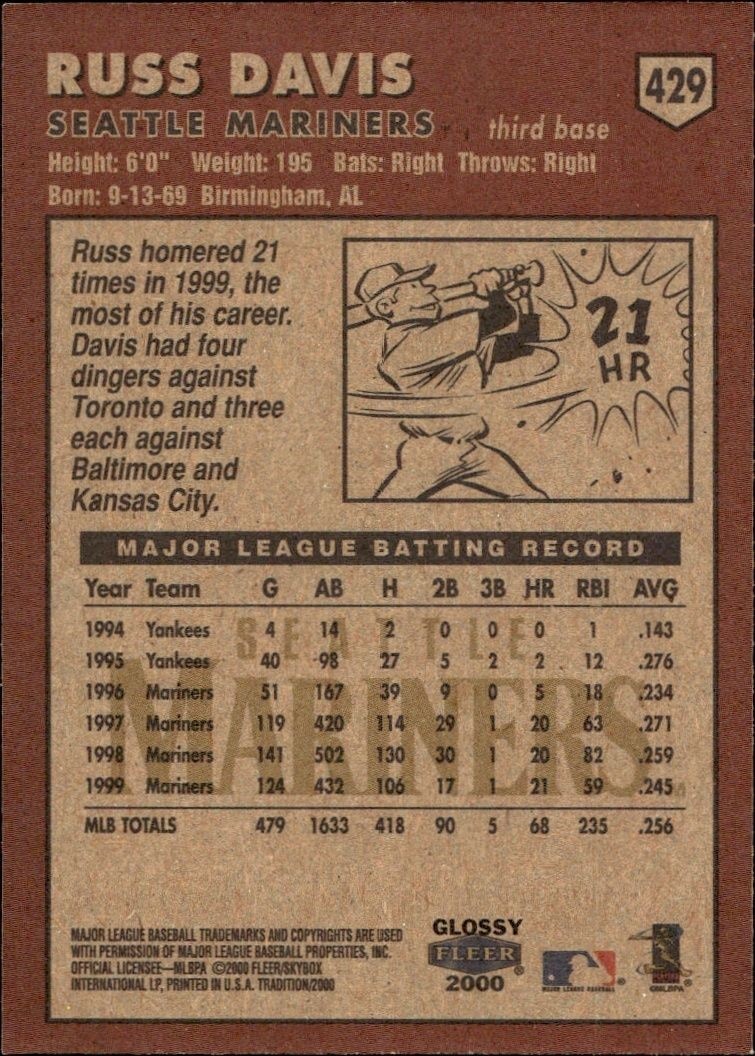 2000 Fleer Tradition Glossy Russ Davis #429 baseball trading card back