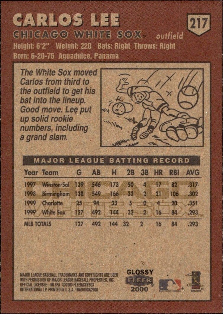 2000 Fleer Tradition Glossy Carlos Lee #217 baseball trading card back