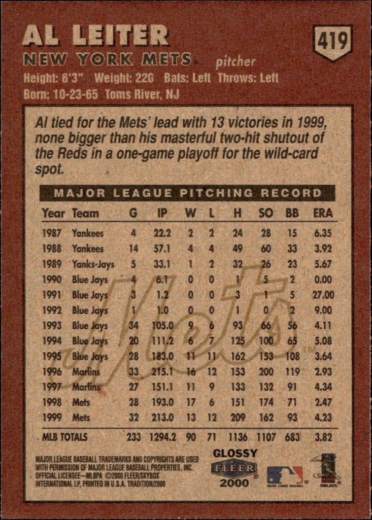 2000 Fleer Tradition Glossy Al Leiter #419 baseball trading card back