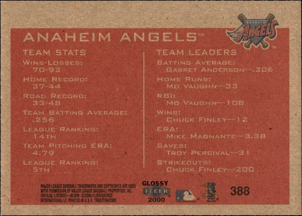 2000 Fleer Tradition Glossy Anaheim Angels #388 baseball trading card back