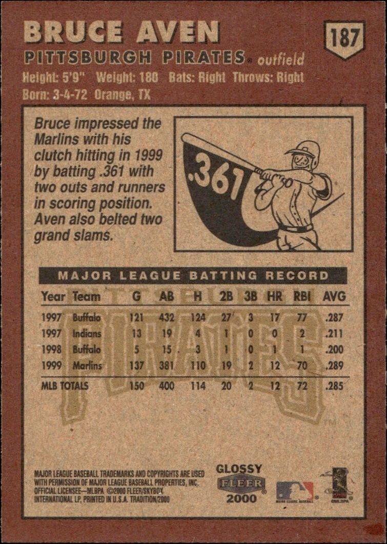 2000 Fleer Tradition Glossy Bruce Aven #187 baseball trading card back