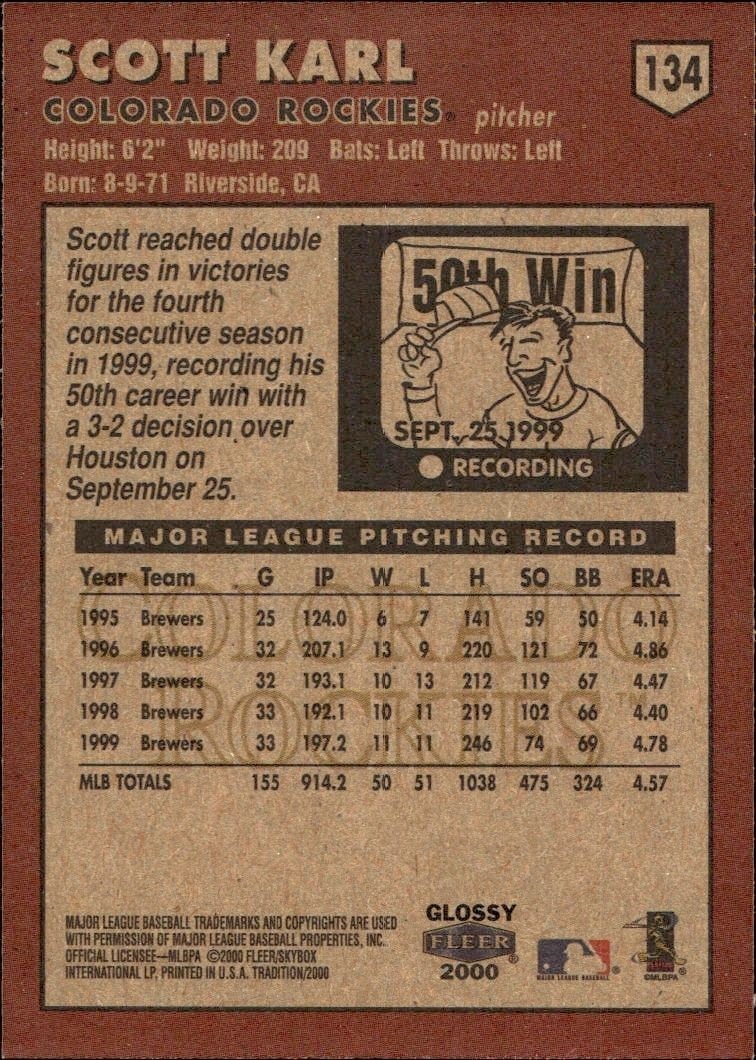 2000 Fleer Tradition Glossy Scott Karl #134 baseball trading card back