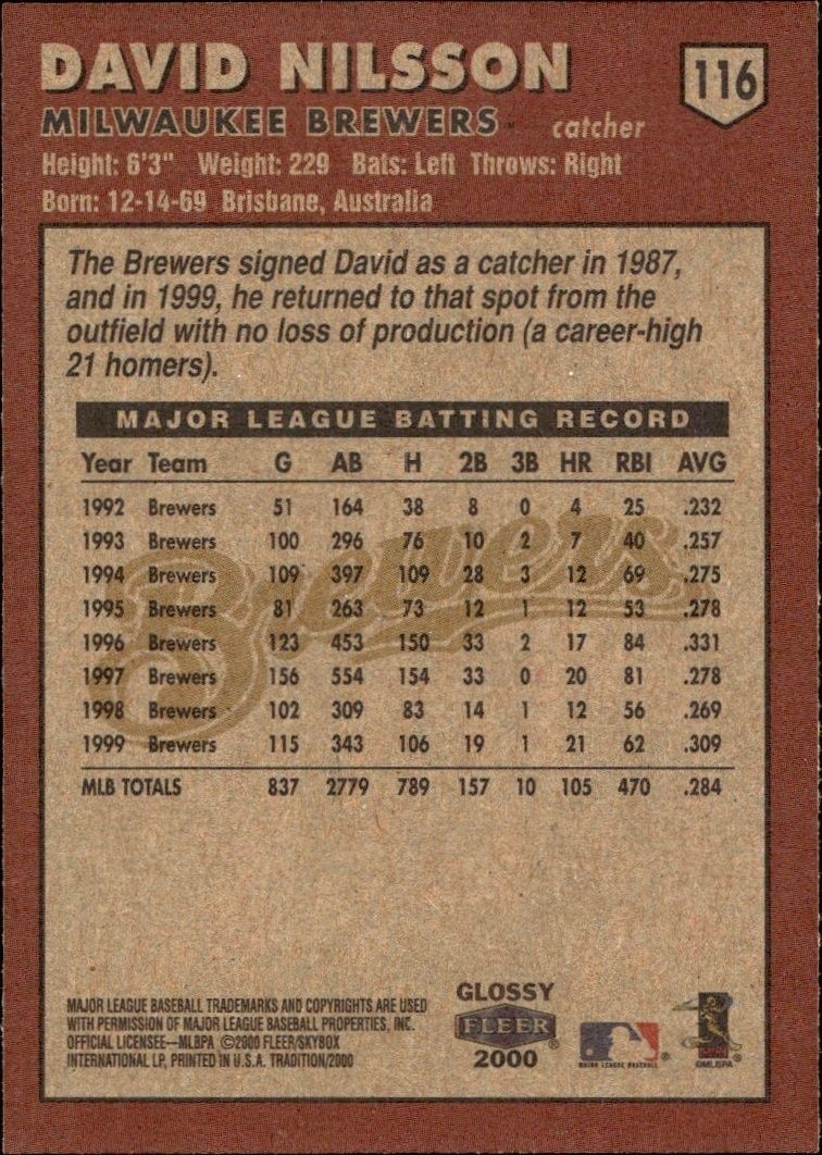 2000 Fleer Tradition Glossy David Nilsson #116 baseball trading card back