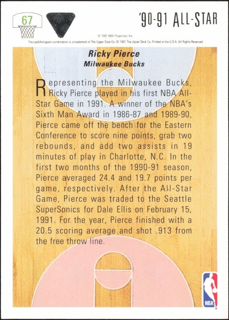 1991-92 Upper Deck Ricky Pierce #67B basketball trading card back