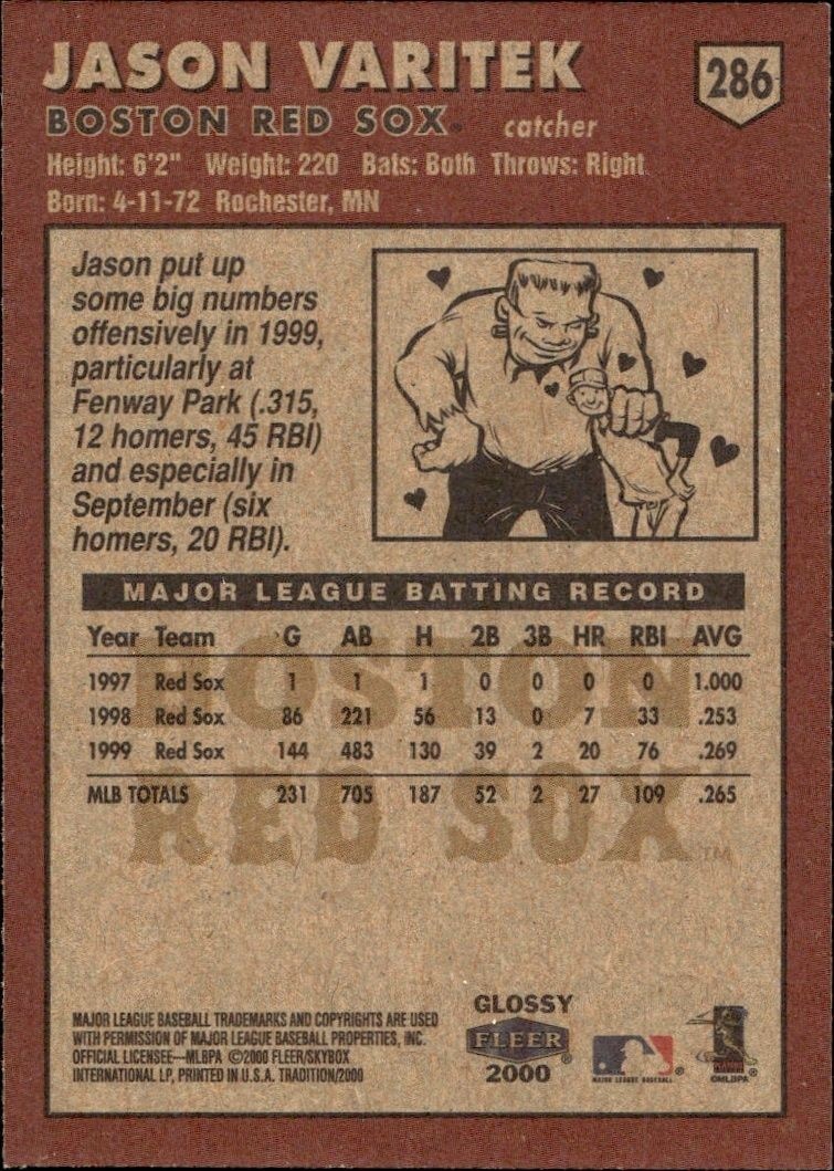2000 Fleer Tradition Glossy Jason Varitek #286 baseball trading card back