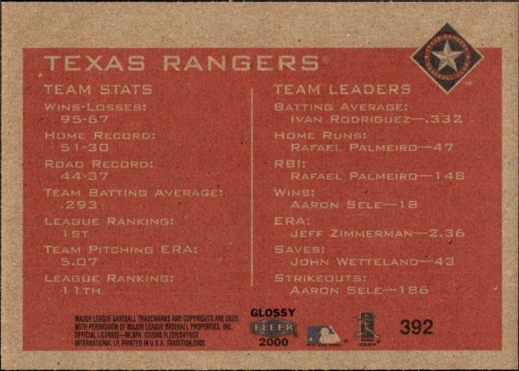 2000 Fleer Tradition Glossy Texas Rangers #392 baseball trading card back