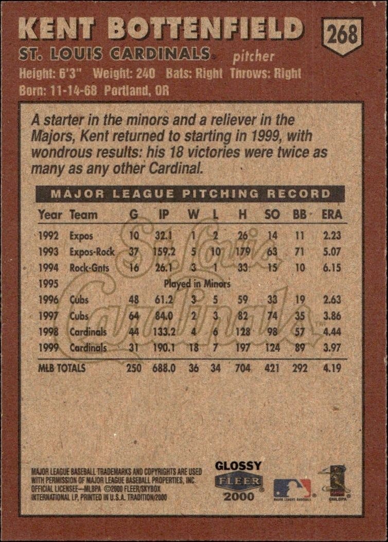 2000 Fleer Tradition Glossy Kent Bottenfield #268 baseball trading card back