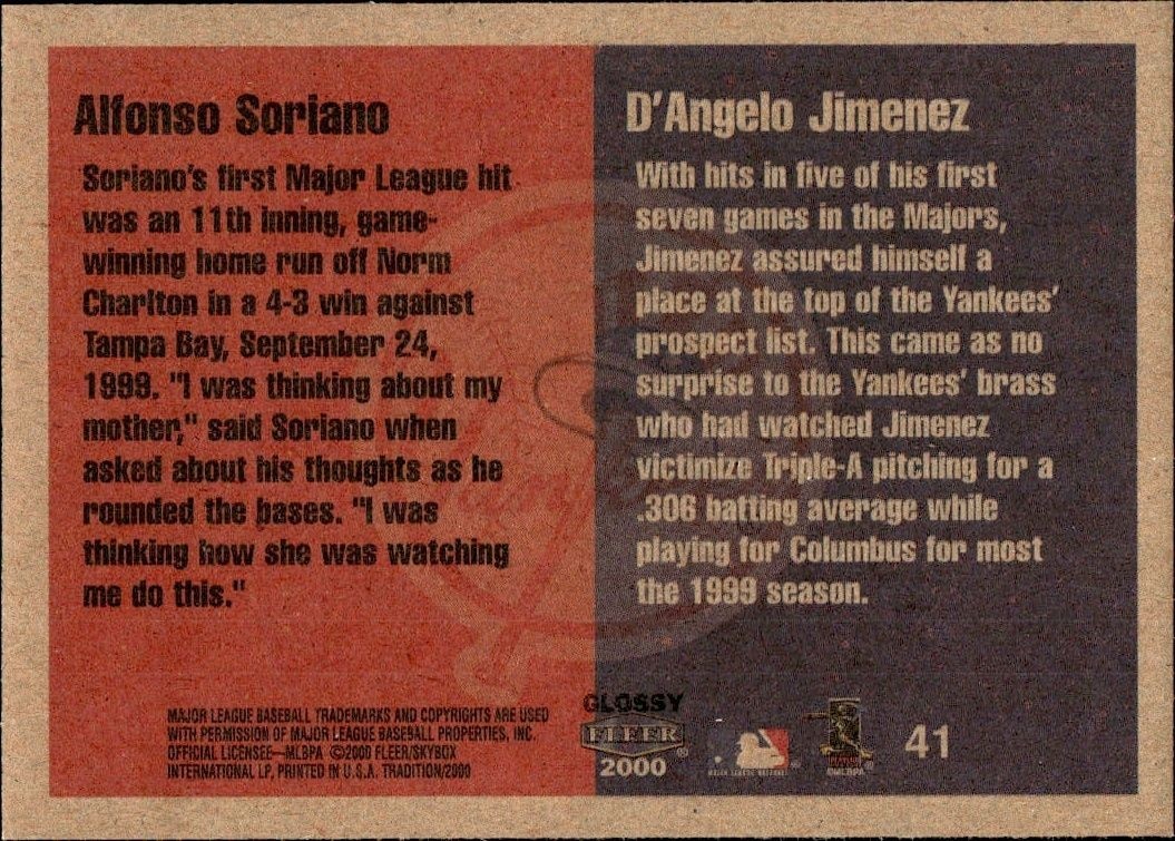 2000 Fleer Tradition Glossy Alfonso Soriano #41 baseball trading card back
