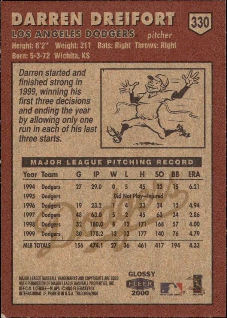 2000 Fleer Tradition Glossy Darren Dreifort #330 baseball trading card back